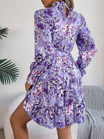 Printed Mock Neck Flounce Sleeve Mini Dress.