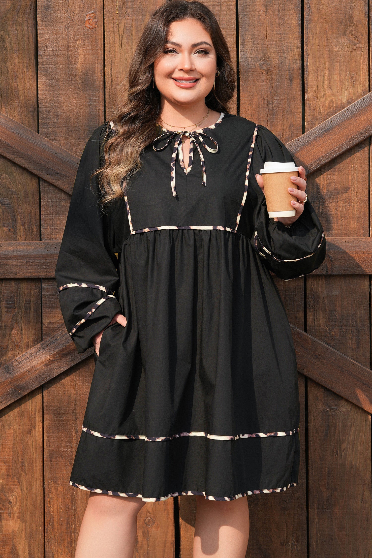 Black Plus Size Leopard Print Long Sleeve Tie Neck Flared Mini Dress Dear-Lover Dropshipping