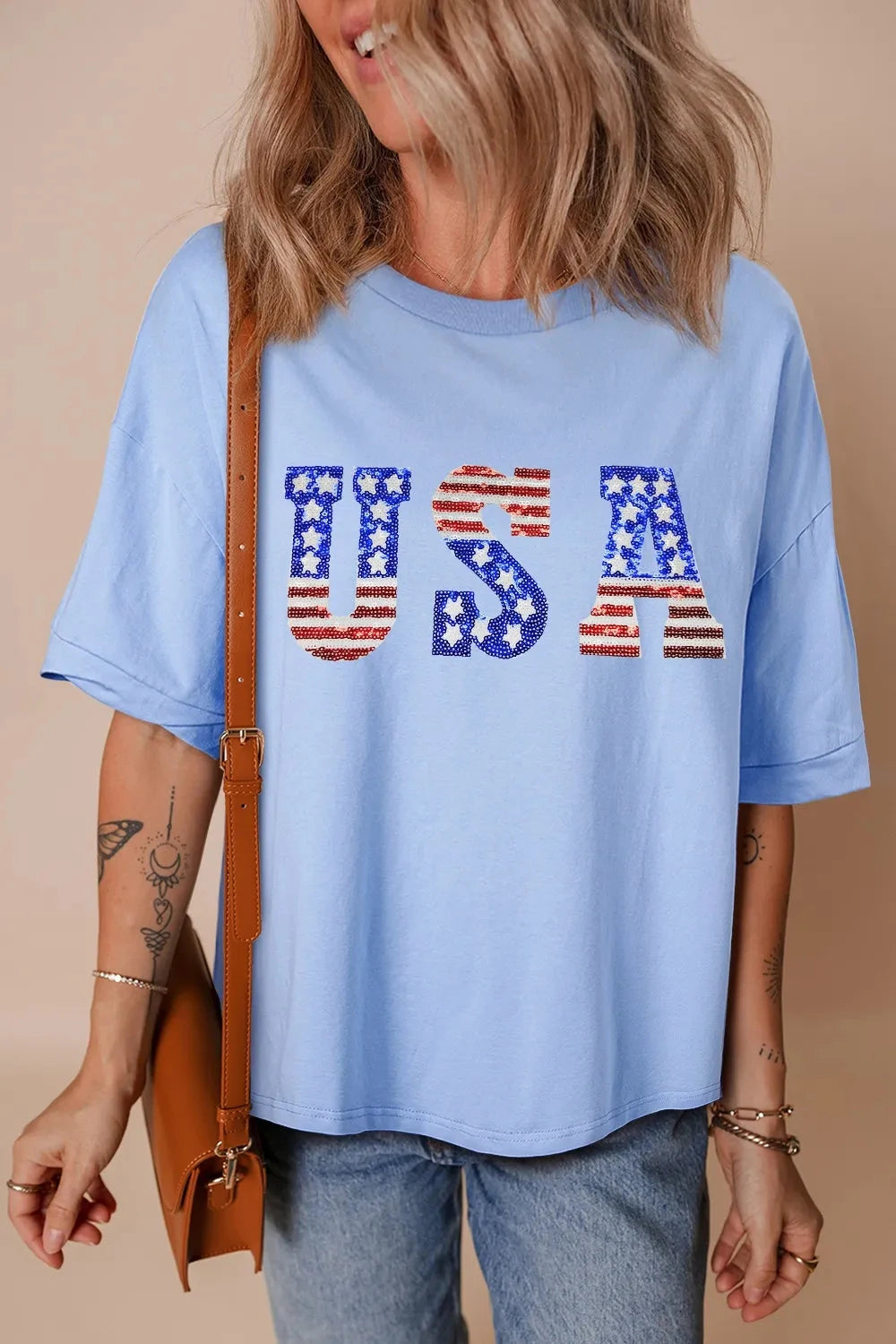 USA Patched Drop Sleeve Crewneck T Shirt Simply Love