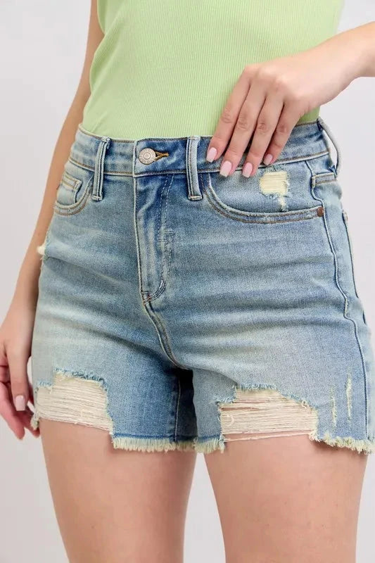 Judy Blue High Rise Washed Fly Stitch Detail and Destroy Denim Shorts Coco’s Tee Boutique