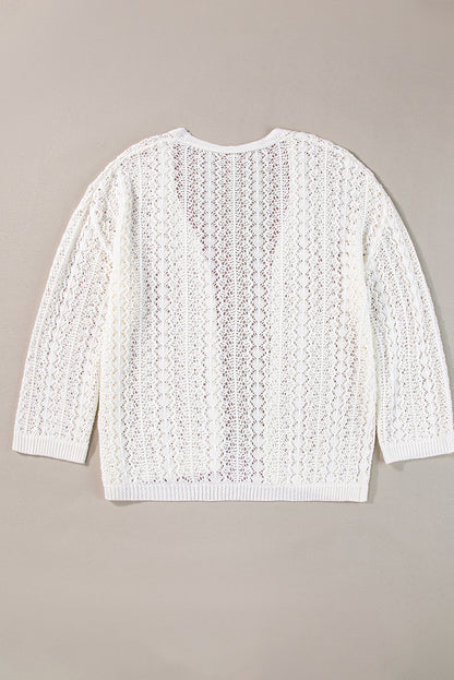 Chic white knit cardigan with hollow out details and drop shoulder design