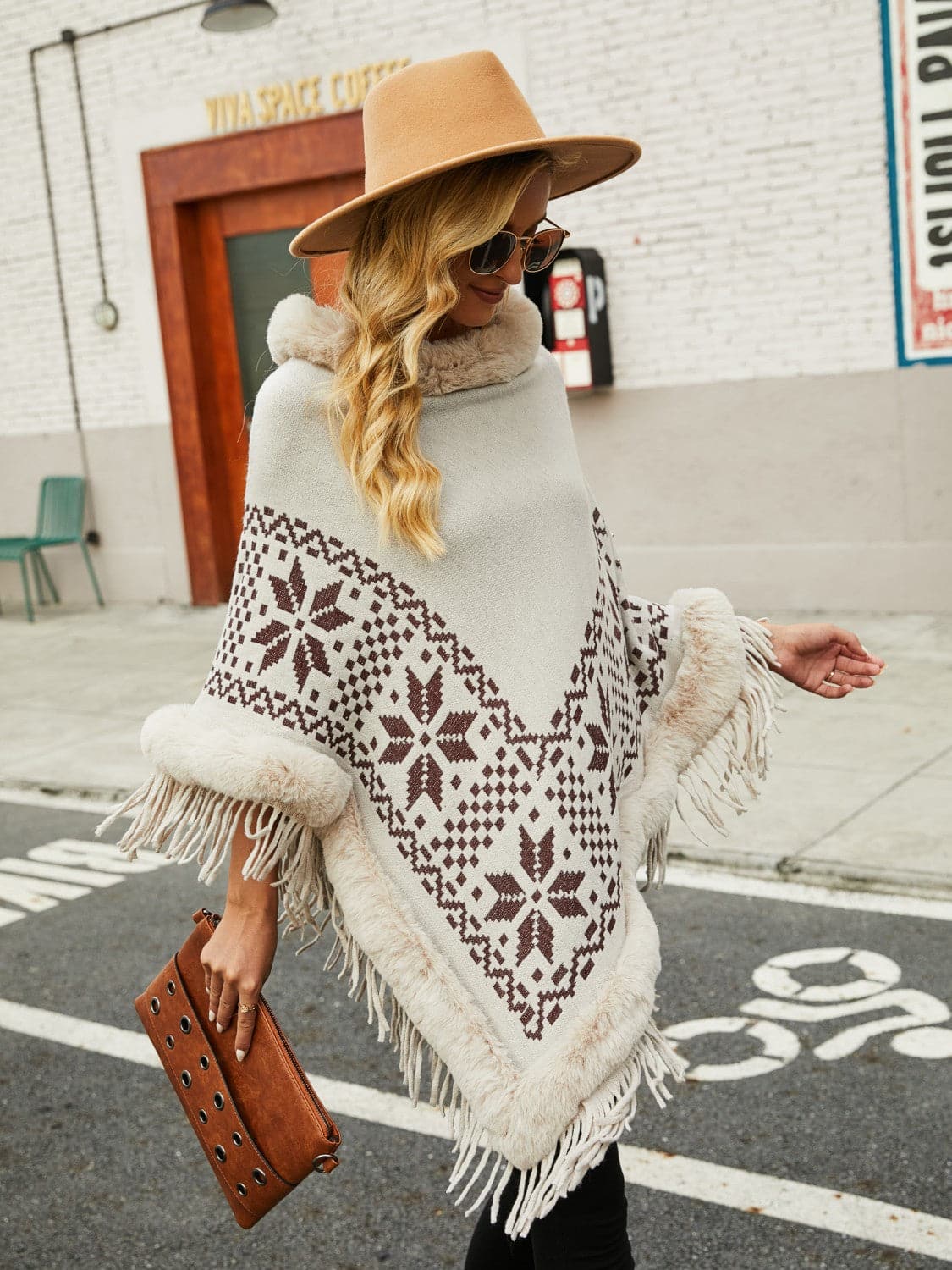 Fringe Geometric Cape Sleeve Poncho.