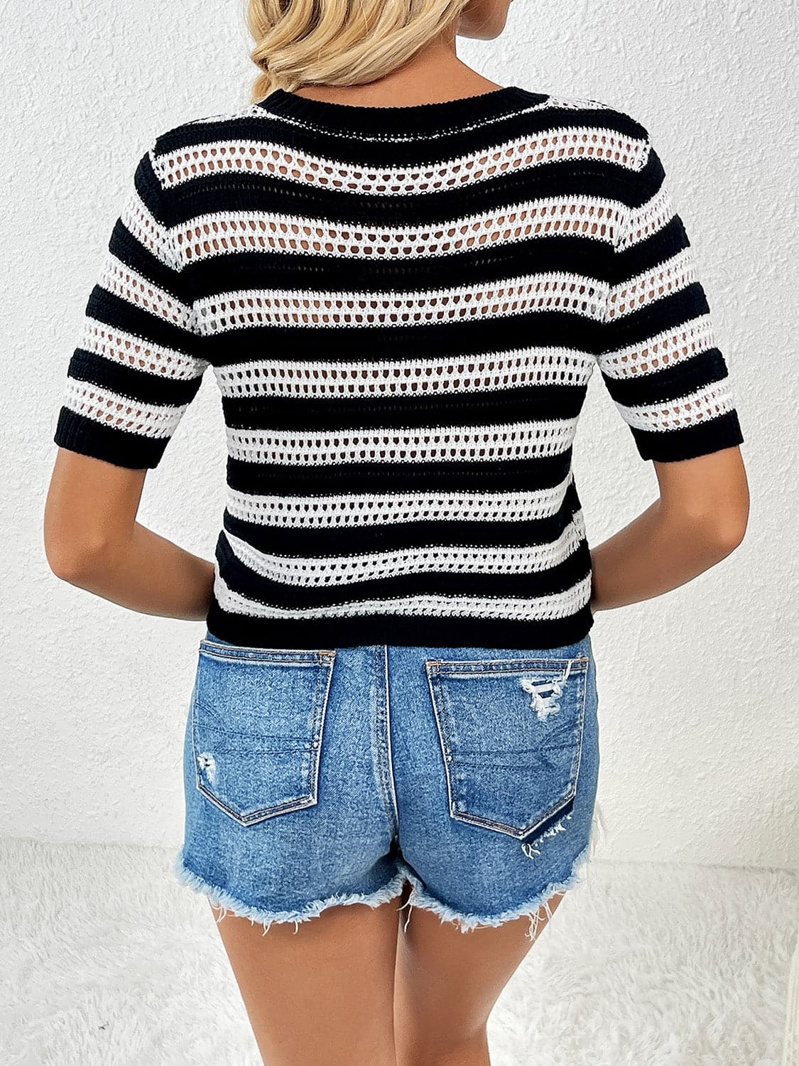 Openwork Striped Round Neck Short Sleeve Knit Top.