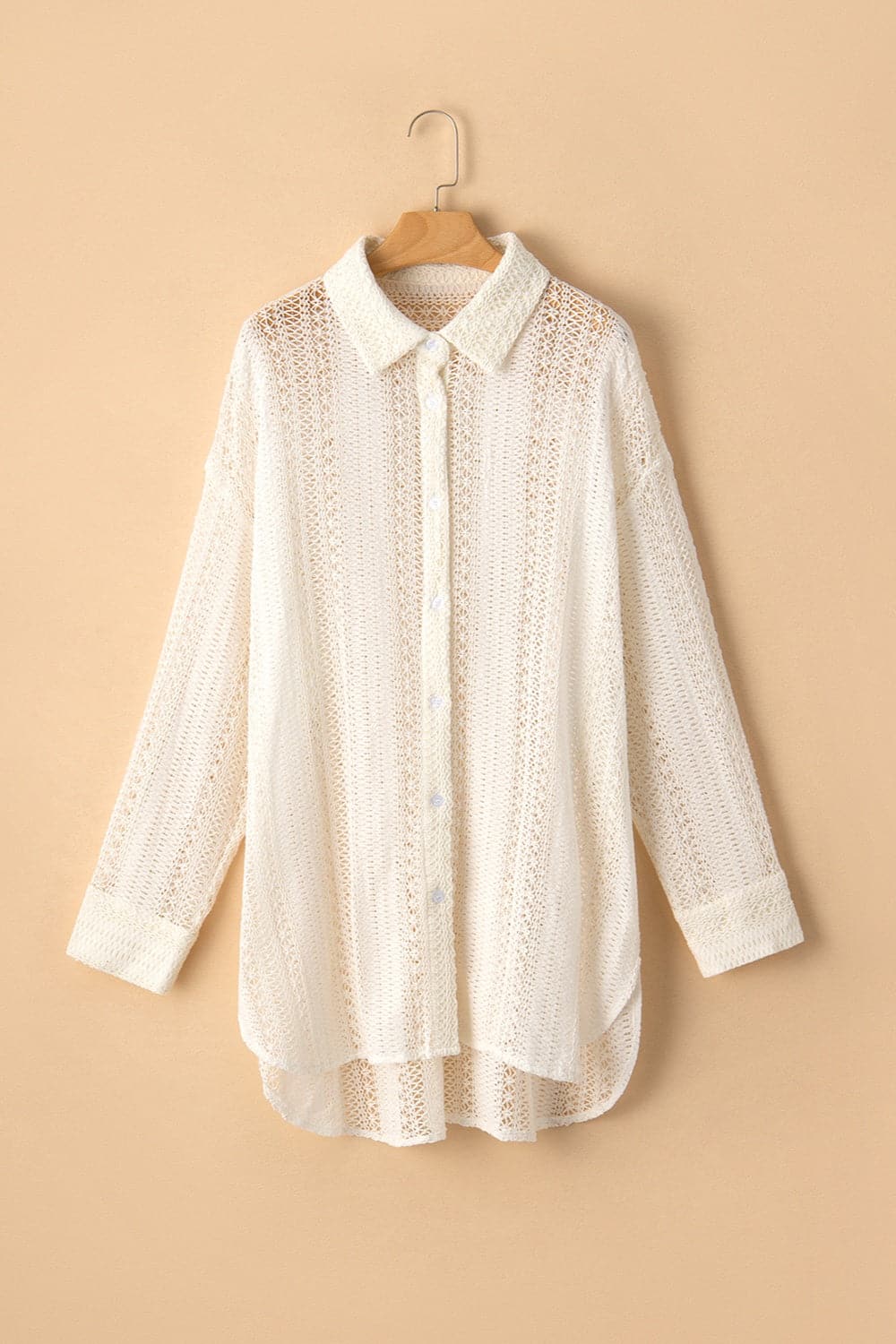 Openwork Collared Neck Long Sleeve Shirt.