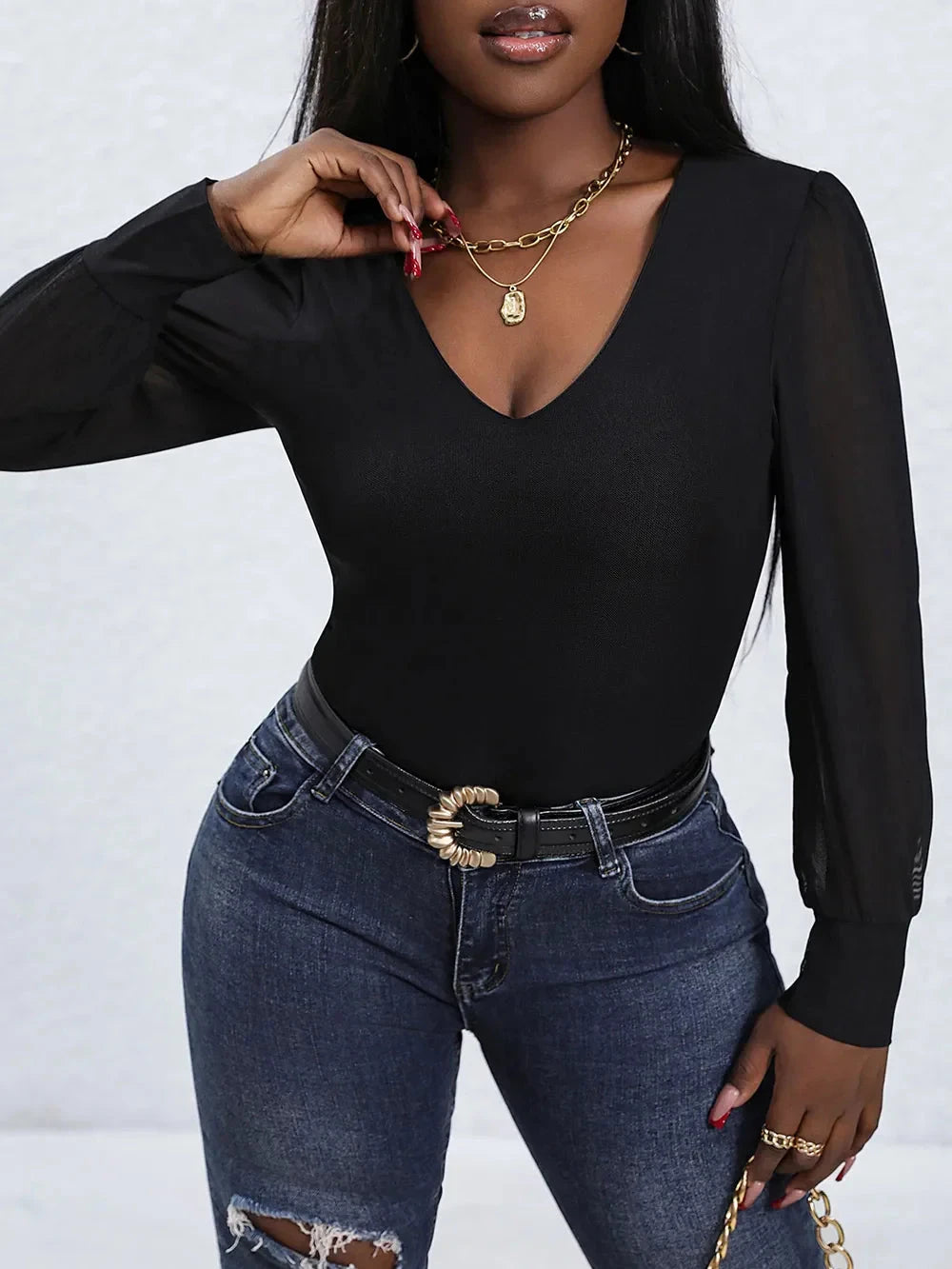 Perfee V-Neck Long Sleeve Bodysuit Coco’s Tee Boutique