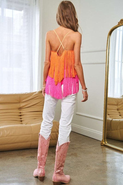 Fringe Overlay Cross Straps Party Cami Top.