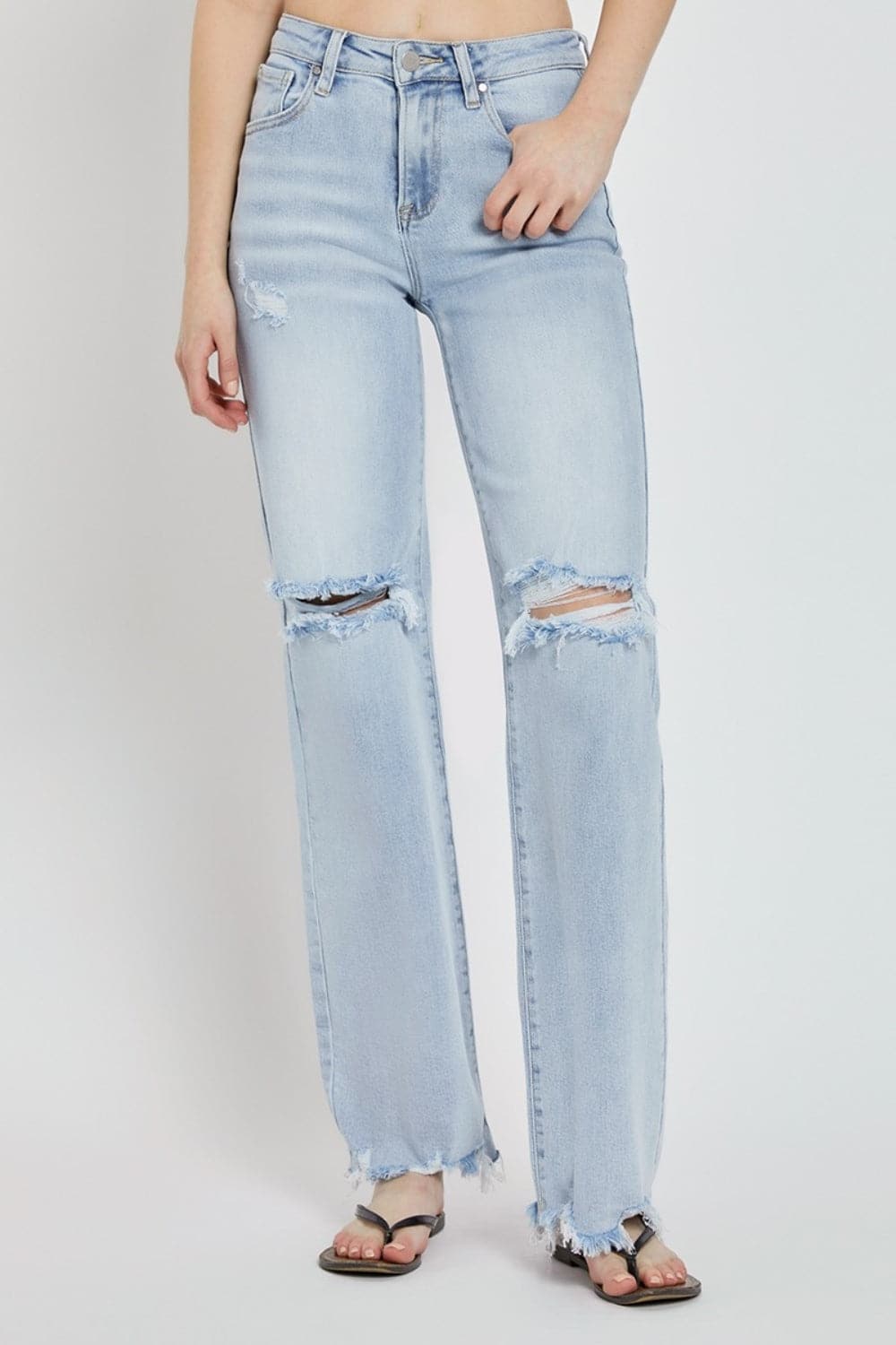 Risen Full Size High Rise Distressed Wide Leg Jeans.