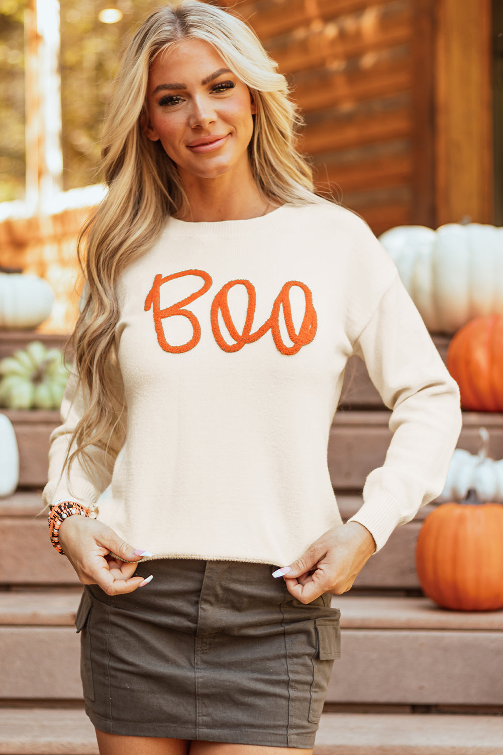 Cozy apricot "Boo" ribbed edge drop shoulder sweater