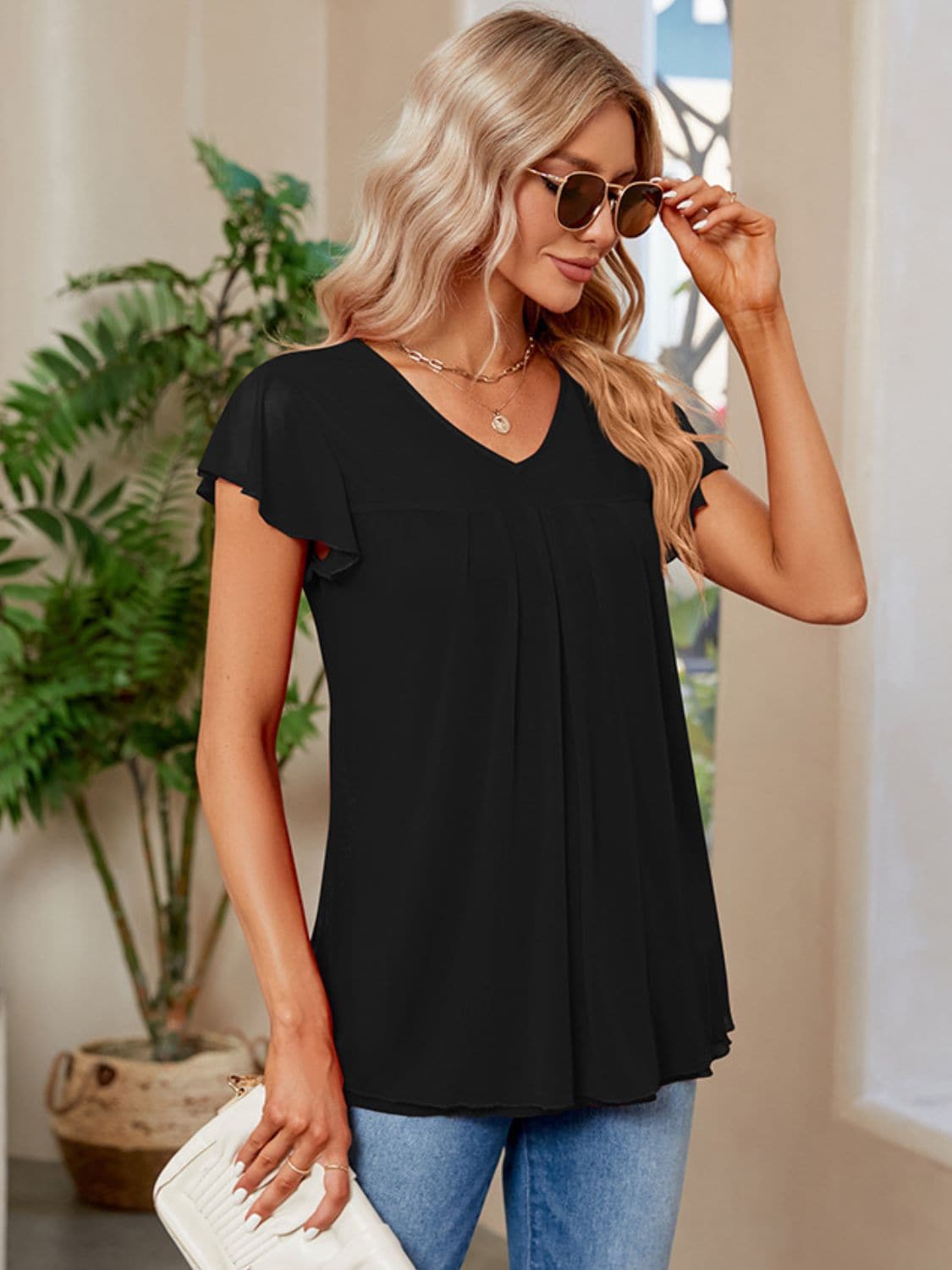 Ruched V-Neck Short Sleeve T-Shirt.