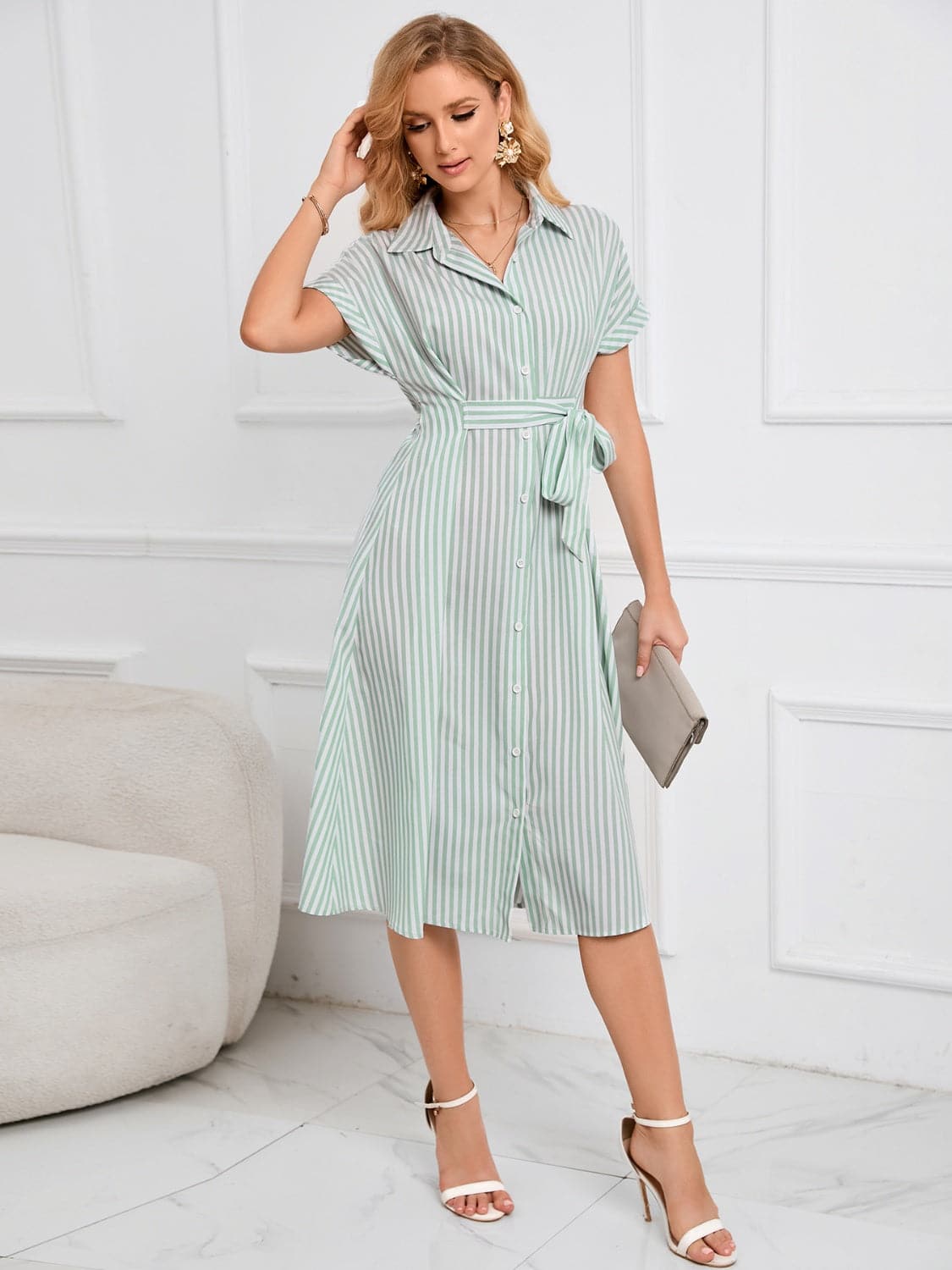 Striped Short Sleeve Tie Waist Midi Dress.