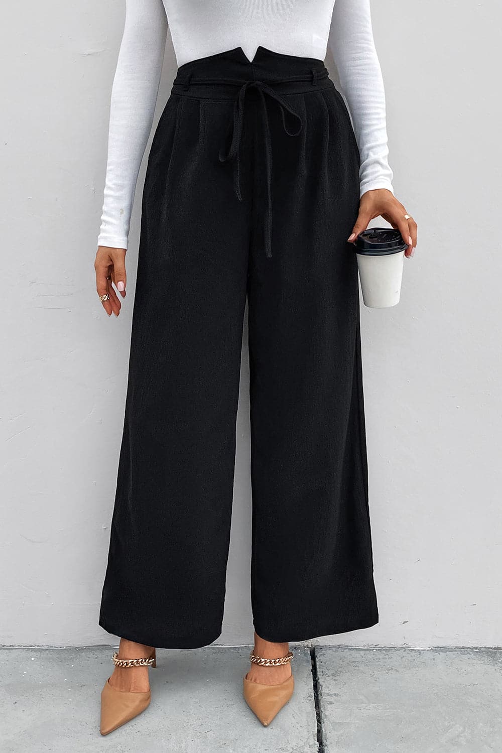 High Waist Ruched Tie Front Wide Leg Pants.