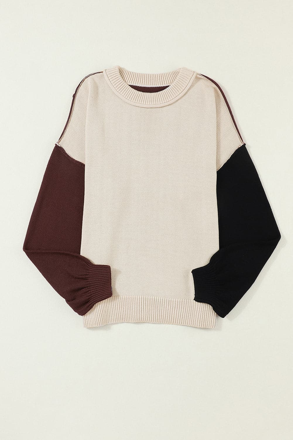 Contrast Round Neck Dropped Shoulder Sweater.