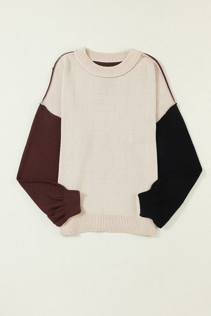 Contrast Round Neck Dropped Shoulder Sweater.