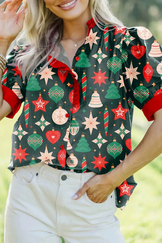 Christmas Print Button Up Shirt Simply Love
