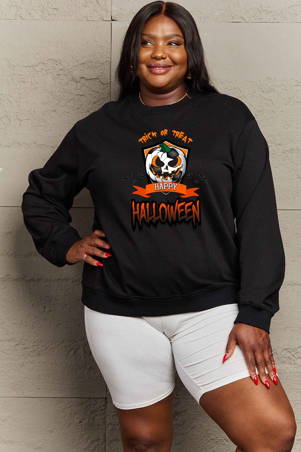 Simply Love Full Size TRICK OR TREAT HAPPY HALLOWEEN Graphic Sweatshirt.