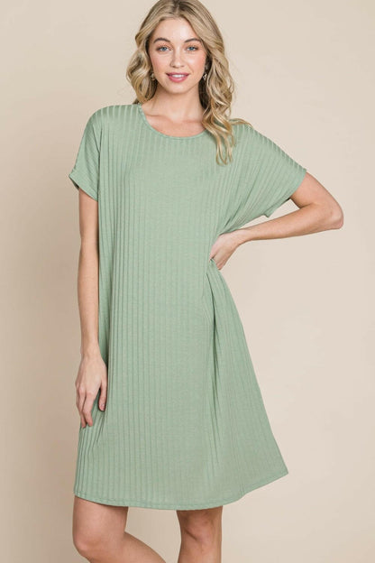 BOMBOM Ribbed Round Neck Short Sleeve Dress.