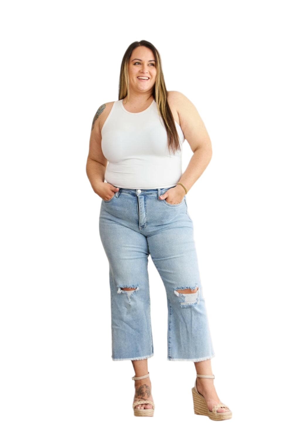 RFM Full Size Tummy Control High Waist Raw Hem Distressed Jeans.