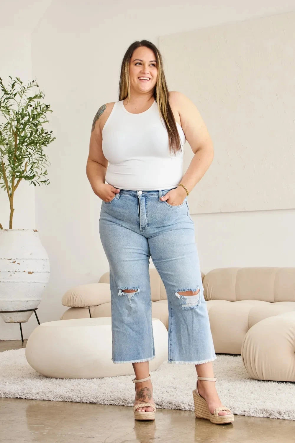 RFM Full Size Tummy Control High Waist Raw Hem Distressed Jeans Coco’s Tee Boutique