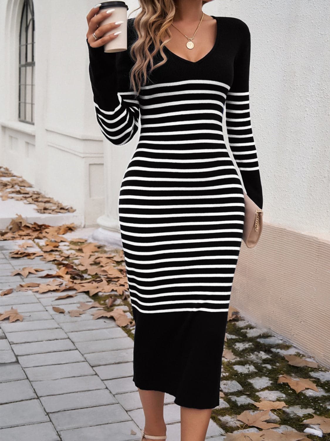 Striped V-Neck Long Sleeve Sweater Dress.