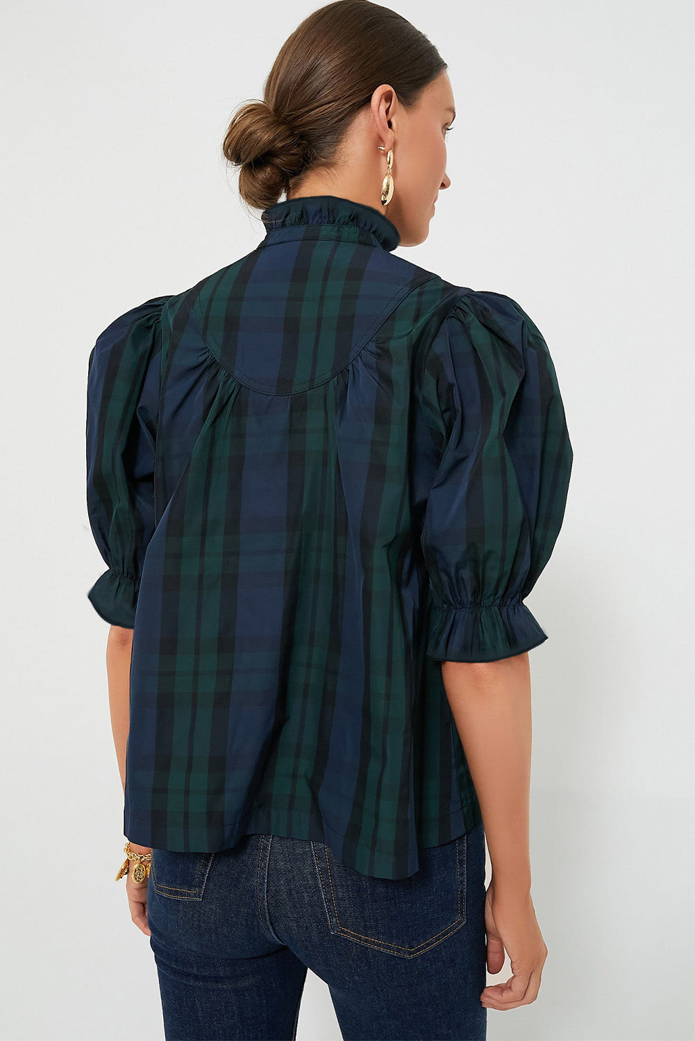 Chic Green Striped Plaid Puff Sleeve Blouse with Frilled Trim