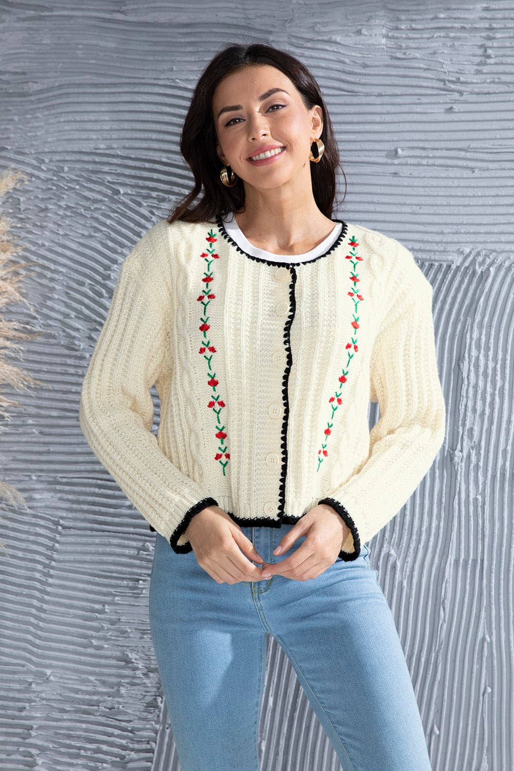 Graphic Cable-Knit Button Up Cardigan.