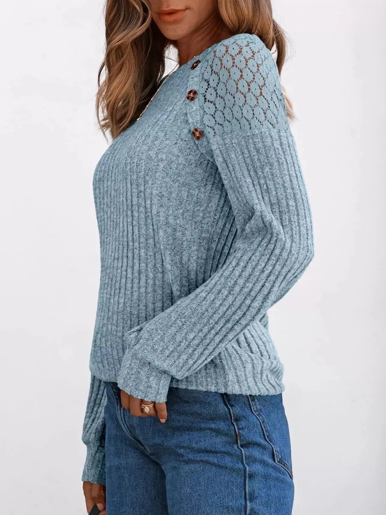 Ribbed Knit T-Shirt with Lace Shoulder Detail Simply Love