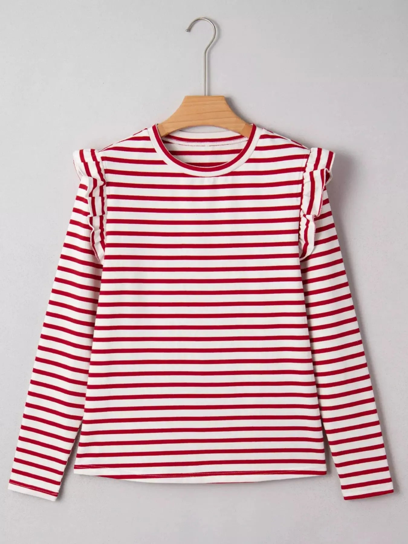 Striped Round Neck Ruffle Trim Long Sleeve Top For Women Simply Love