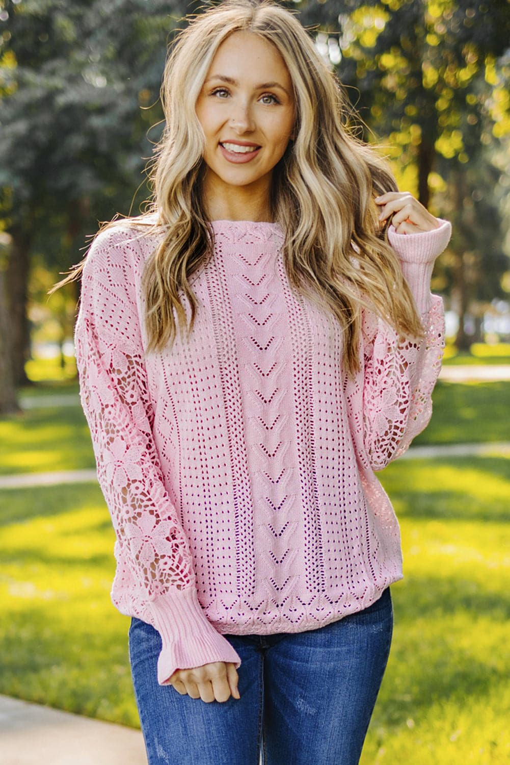 Openwork Lantern Sleeve Dropped Shoulder Sweater.