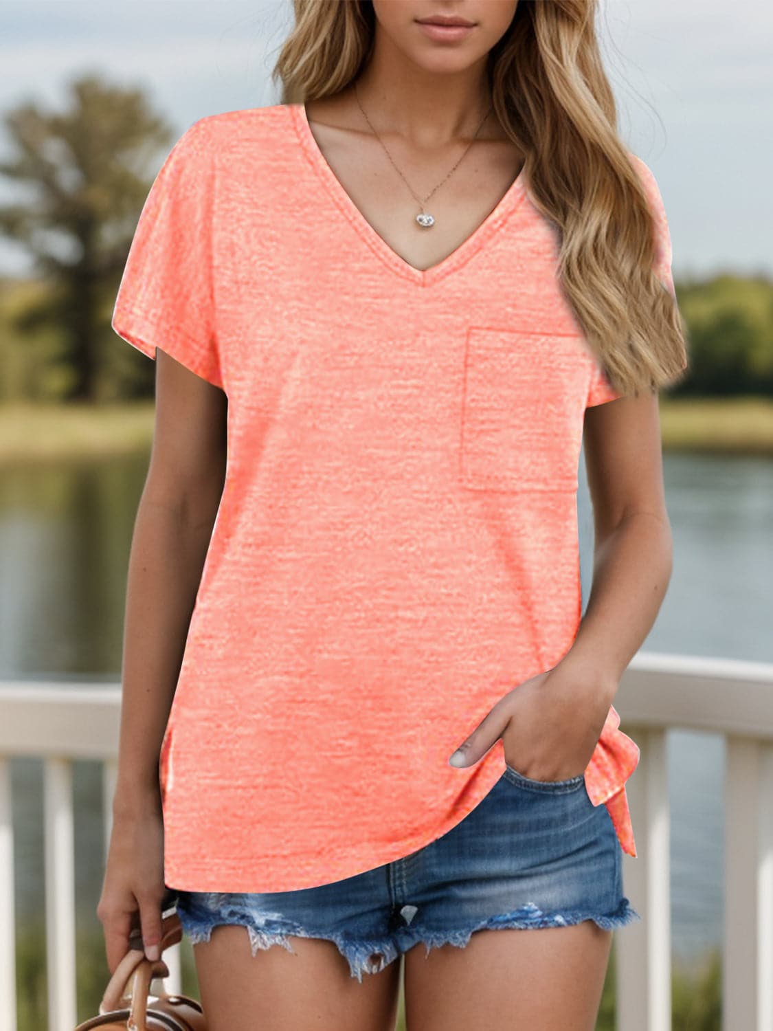 Pocketed Heathered V-Neck Short Sleeve T-Shirt.