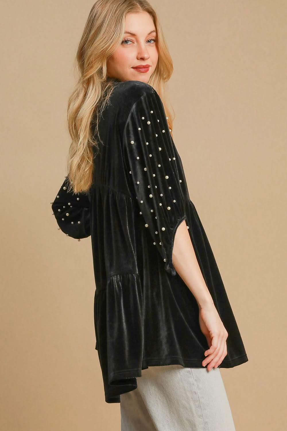 Velvet Babydoll Blouse with Pearl Accents and Half Sleeves