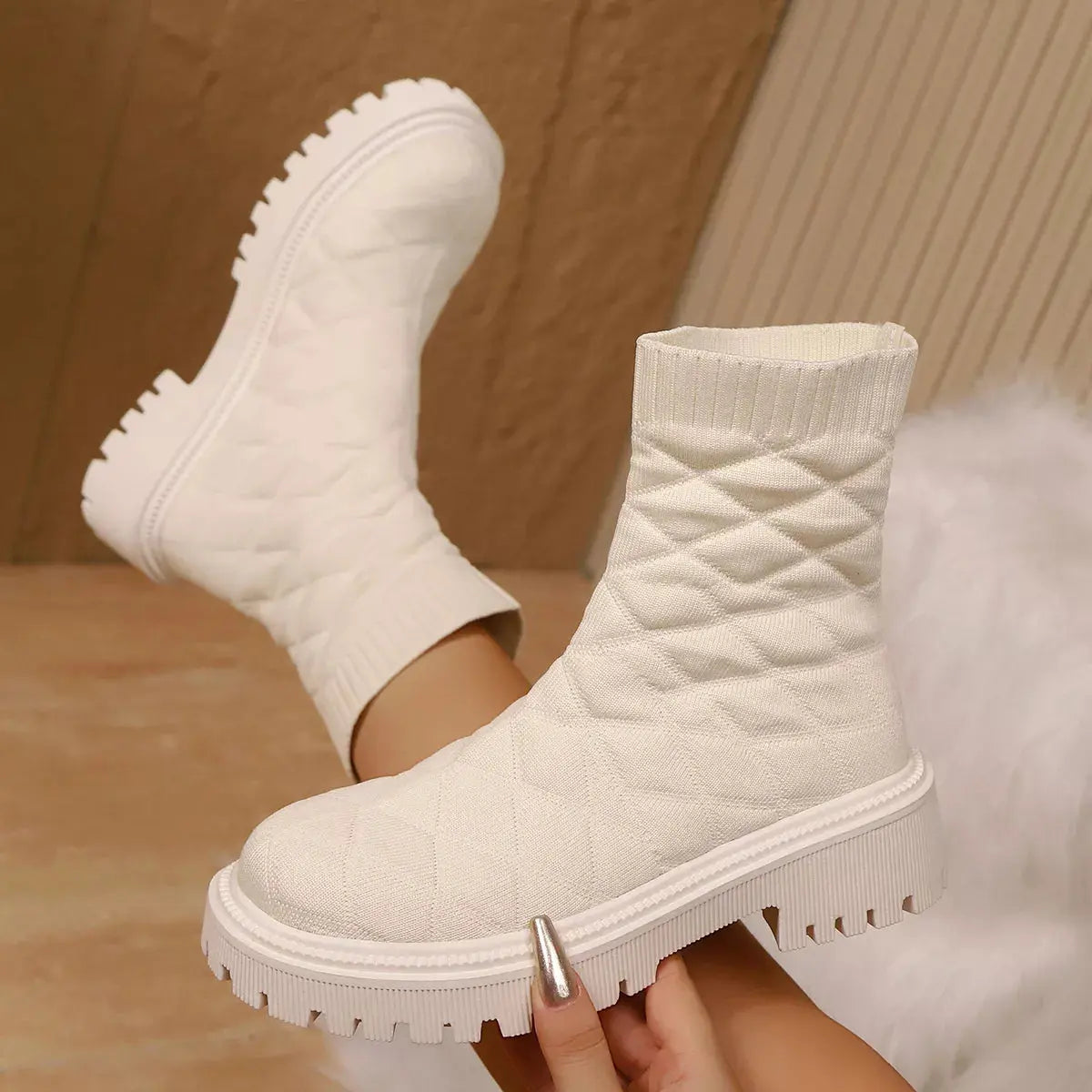Black Knit Sock Boots With Round Toe And Low Heel Thick Lug Sole Simply Love