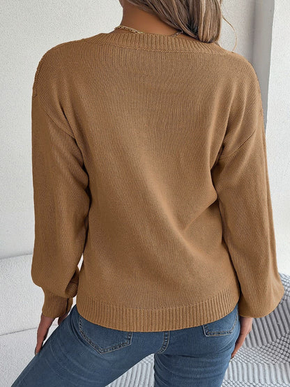 Cable-Knit V-Neck Lantern Sleeve Sweater.