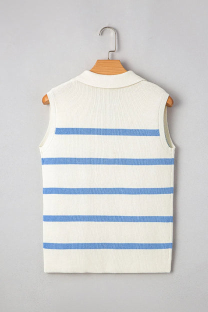 Stripe Split V Neck Collared Ribbed Sweater Vest