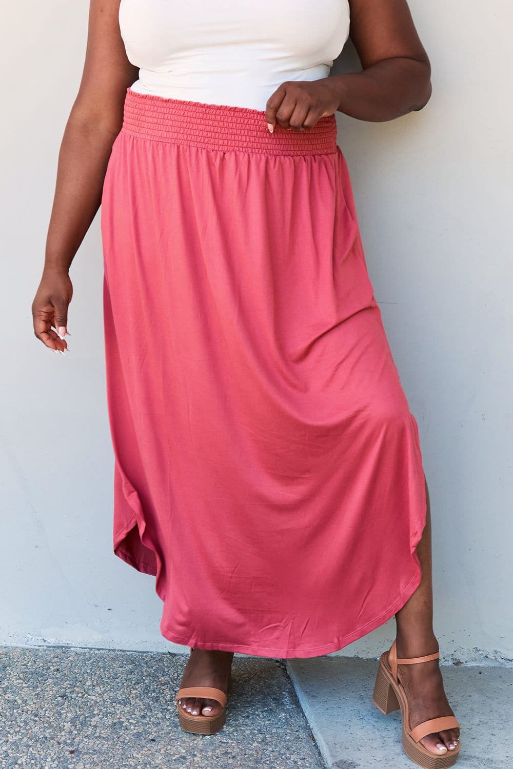 Doublju Comfort Princess Full Size High Waist Scoop Hem Maxi Skirt in Hot Pink.