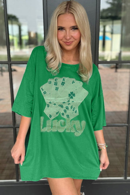 Bright Green Rhinestone Lucky Poker Cards Mini Dress T Shirt
