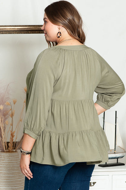 Elegant Green Plus Size Ruffle Tiered Top with Split Neckline