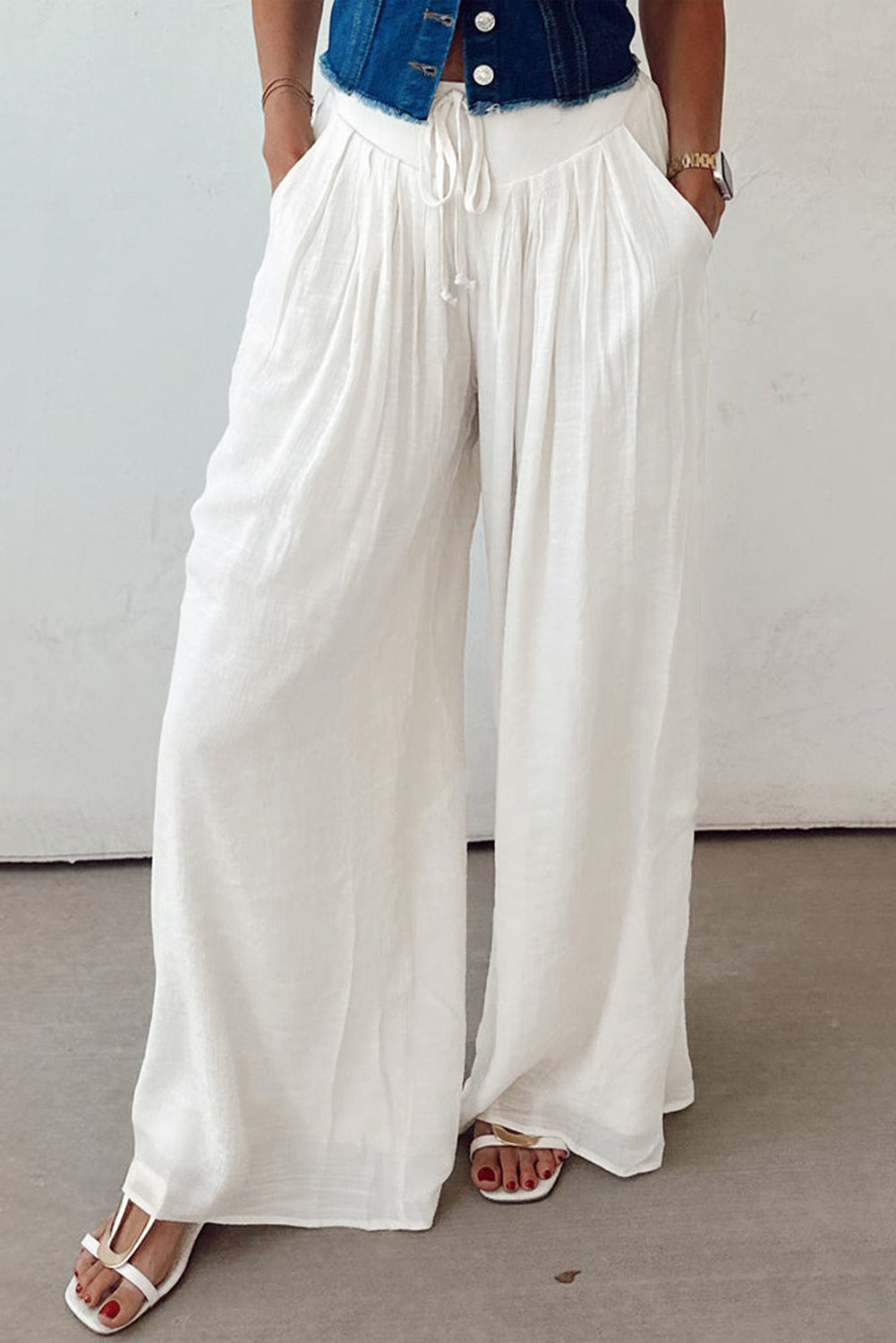 White Solid Drop Waist Pleated Wide Leg Casual Pants Love Salve