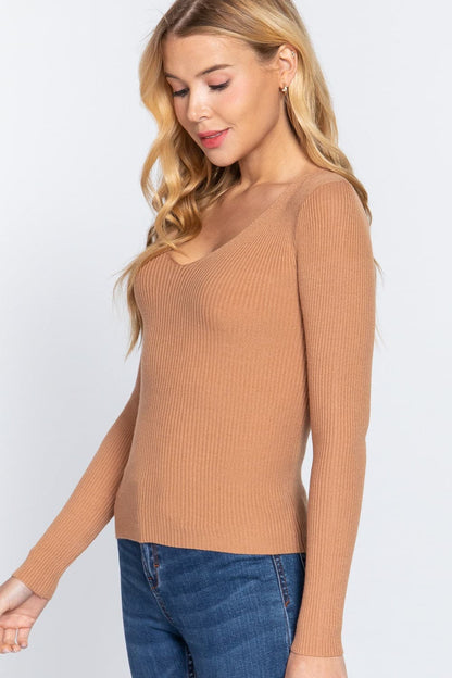 ACTIVE BASIC V-Neck Fitted Viscose Rib Knit Top.