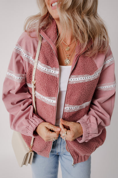 Cozy rose pink sherpa jacket with lace detailing and zip-up style