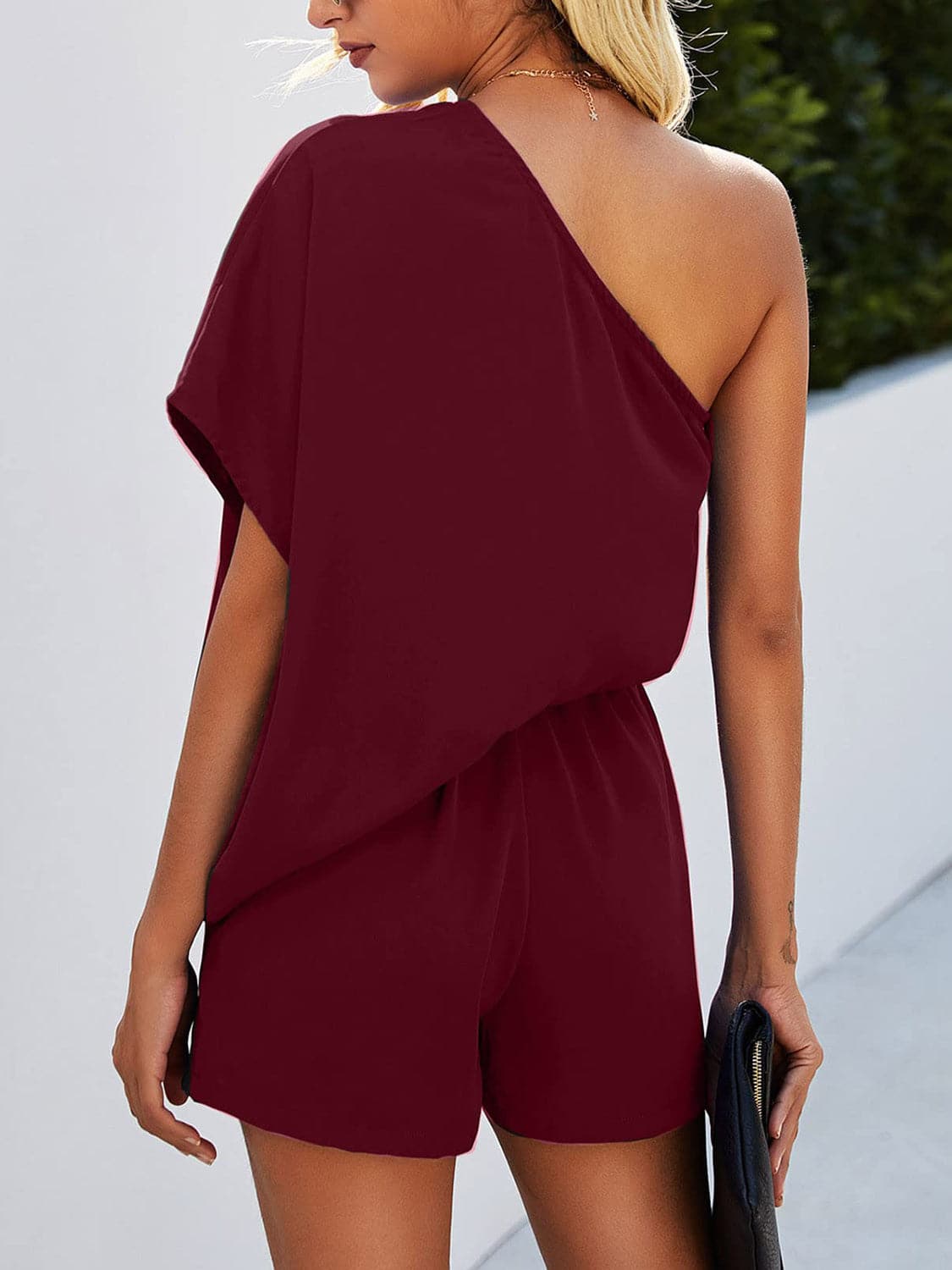 Single Shoulder Batwing Sleeve Romper.