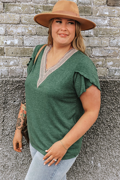 Chic blackish green plus size embroidered V-neck blouse with draped sleeves