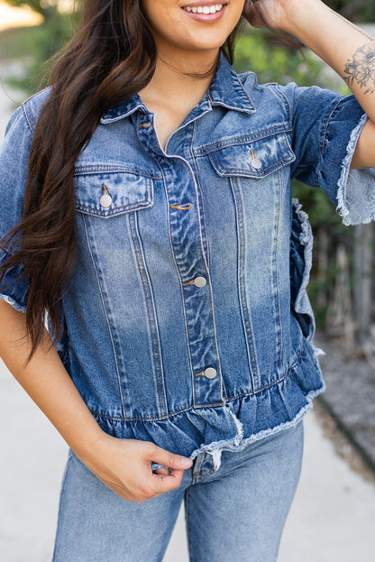 Peacock blue ruffled denim jacket