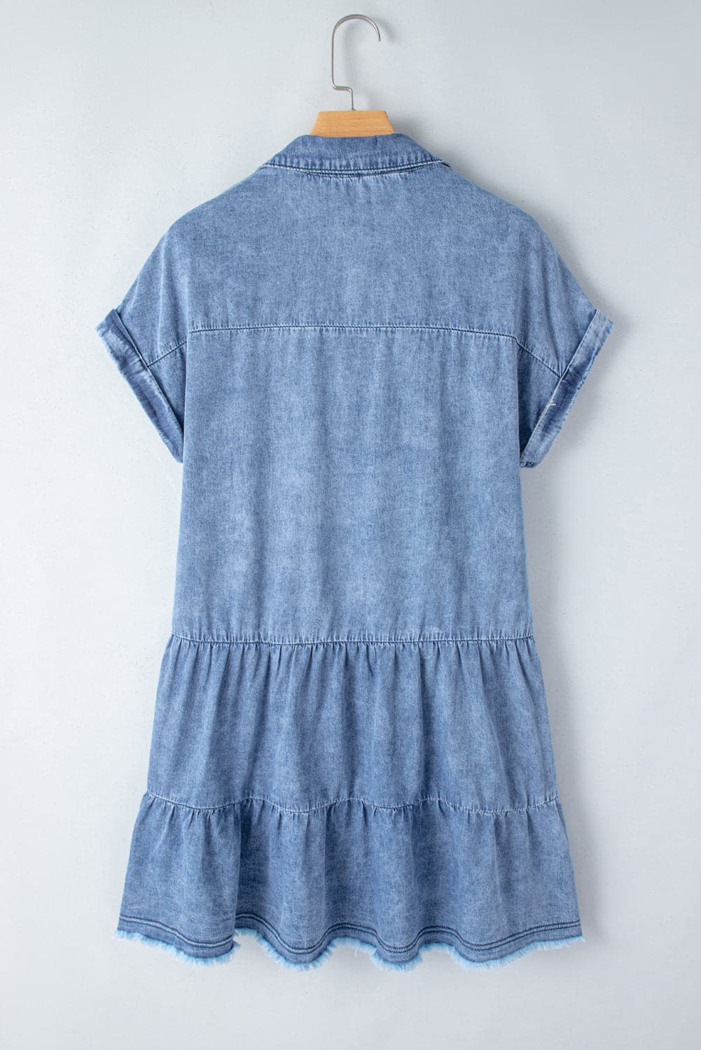 Raw Hem Collared Neck Short Sleeve Denim Dress.