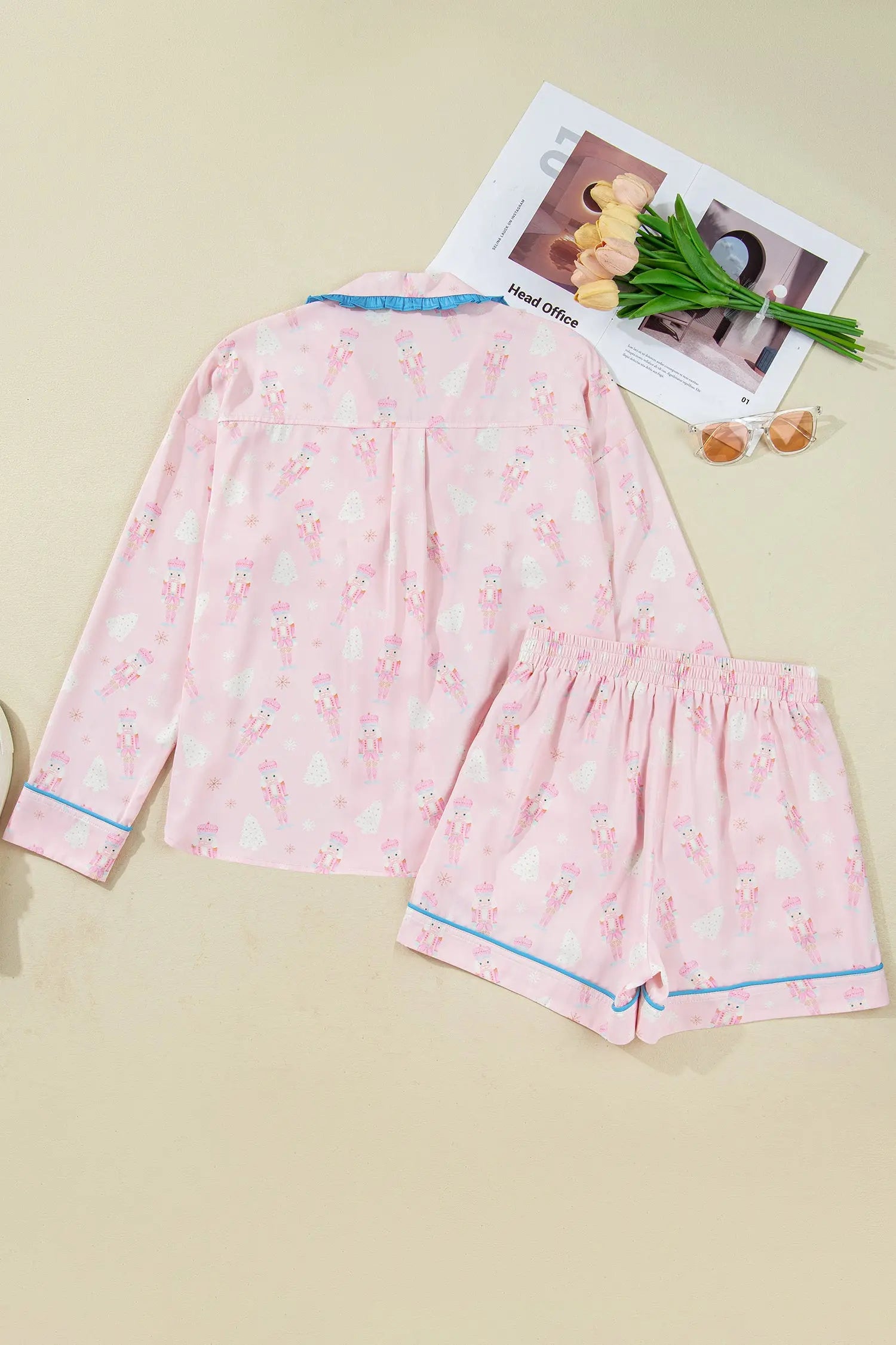 Pink Bow Tie Front Christmas Nutcracker Pajama Set With Long Sleeve Top Dear-Lover Dropshipping