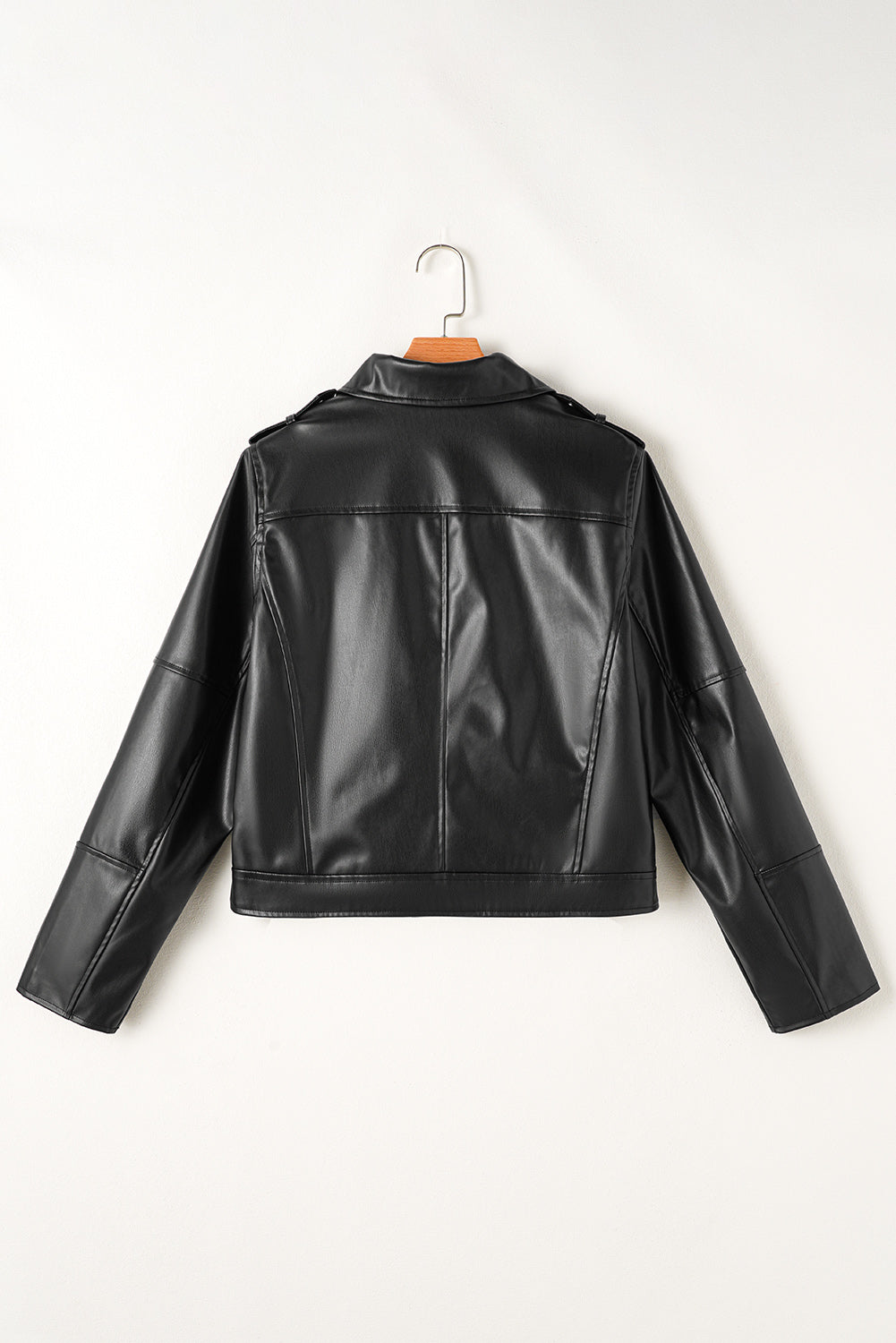 Chic black PU leather lapel collar motorcycle jacket