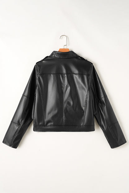 Chic black lapel collar motorcycle jacket