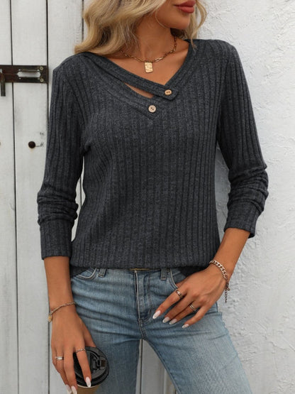 Ribbed V-Neck Long Sleeve T-Shirt.