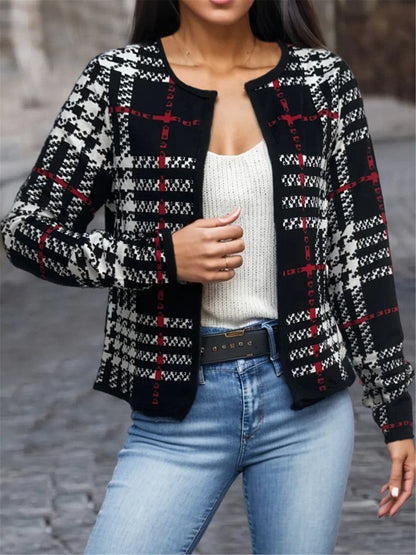 Plaid Open Front Long Sleeve Jacket.