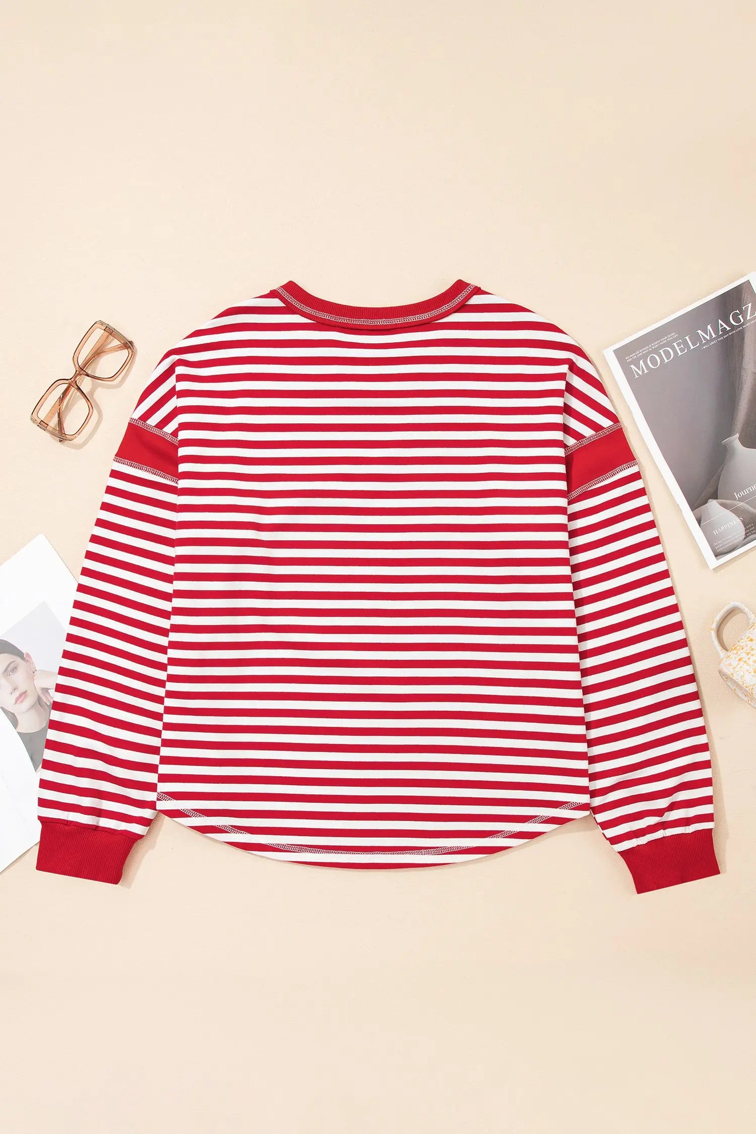 Red Stripe Exposed Seam V Neck Balloon Sleeve Pullover Dear-Lover Dropshipping