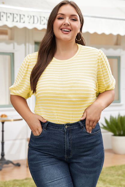 Chic yellow striped puff sleeve plus size jumper